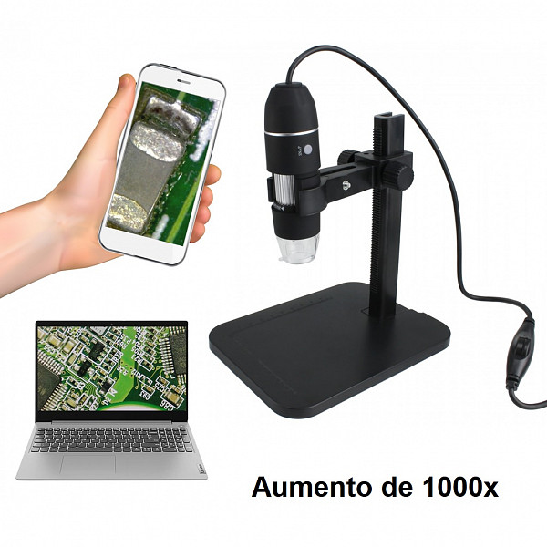 Microscópio Digital USB 2.0 - Com Base Ajustável - Aumento de 1000x