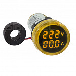 Voltimetro (60-500VAC) e Amperimetro (0-100A) - Redondo 22mm - Amarelo - Digital - AD22-22VAM-Y